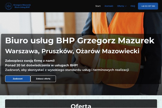 Strona internetowa firmy oferującej usługi BHP, z widocznym logo, menu nawigacyjnym oraz informacjami o lokalizacji i doświadczeniu.
