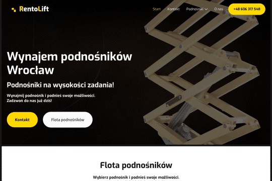 Strona internetowa firmy RentoLift z Wrocławia, oferującej wynajem podnośników, z graficzną prezentacją mechanizmu podnośnika na czarnym tle.