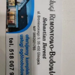 Wizytówka firmy remontowo-budowlanej Sebastian Berent z adresem, numerem NIP i telefonem, oferującej kompleksowe usługi ogólnobudowlane, z graficznym przedstawieniem domu.