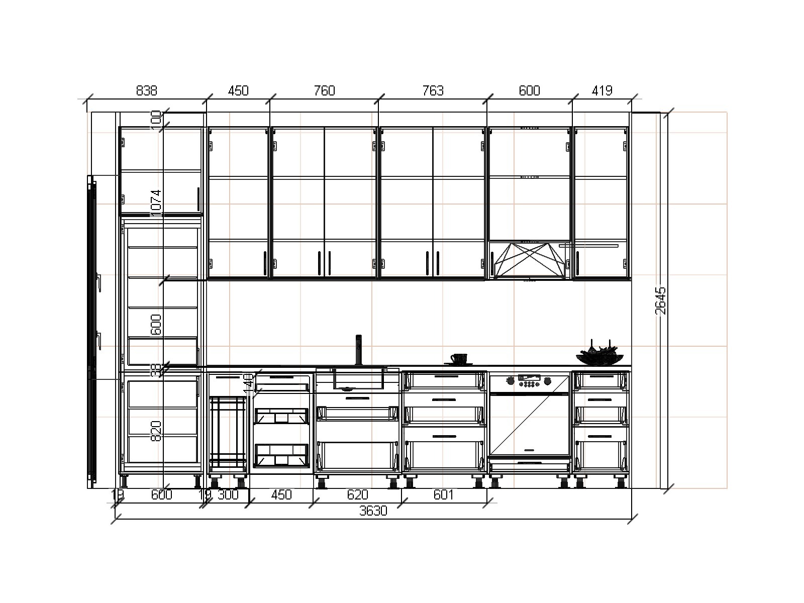 Techniczny rysunek projektu kuchni z wymiarami, widok z przodu, prezentujący układ szafek górnych i dolnych oraz sprzęt AGD.