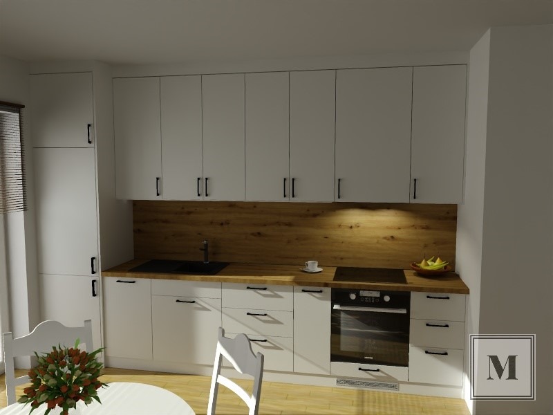 Wizualizacja kuchni z białymi frontami szafek, drewnianym blatem i dekoracyjnym panelem ściennym z imitacją drewna, oświetlenie punktowe nad blatem, minimalistyczny design.