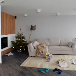 Jasne wnętrze salonu z choinką, kremową sofą, dywanem w paski i elementami dekoracyjnymi z bożonarodzeniowymi prezentami, widok na ścianę z drewnianą okładziną i kominkiem.