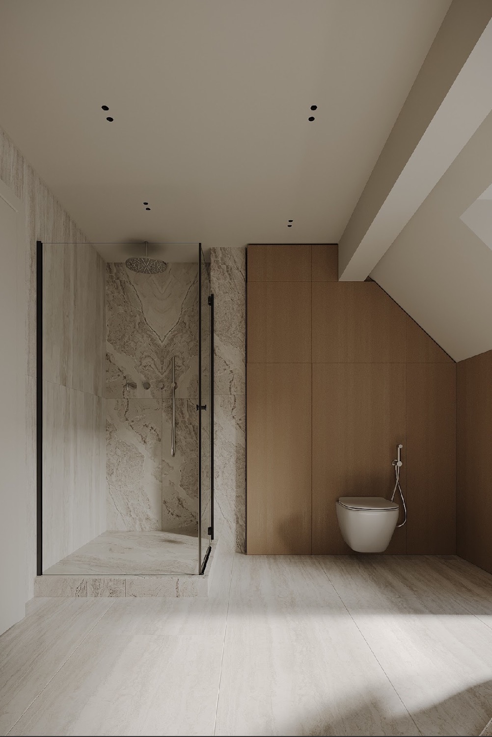 Nowoczesna łazienka w beżach: kabina prysznicowa typu walk-in z marmurowymi płytkami, podwieszana toaleta na tle drewnianej ściany, minimalistyczne oświetlenie.