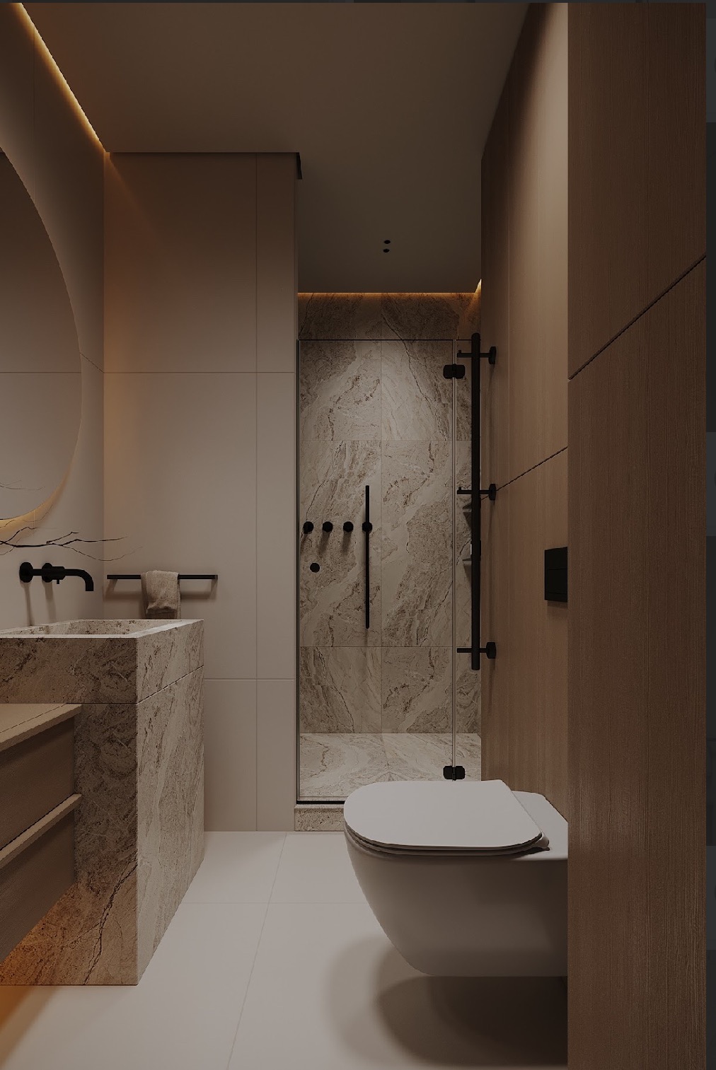 Nowoczesna łazienka z kabiną prysznicową wyłożoną marmurowymi płytkami, umywalką z kamienia i podwieszaną toaletą. Minimalistyczny design z czarnymi akcentami.