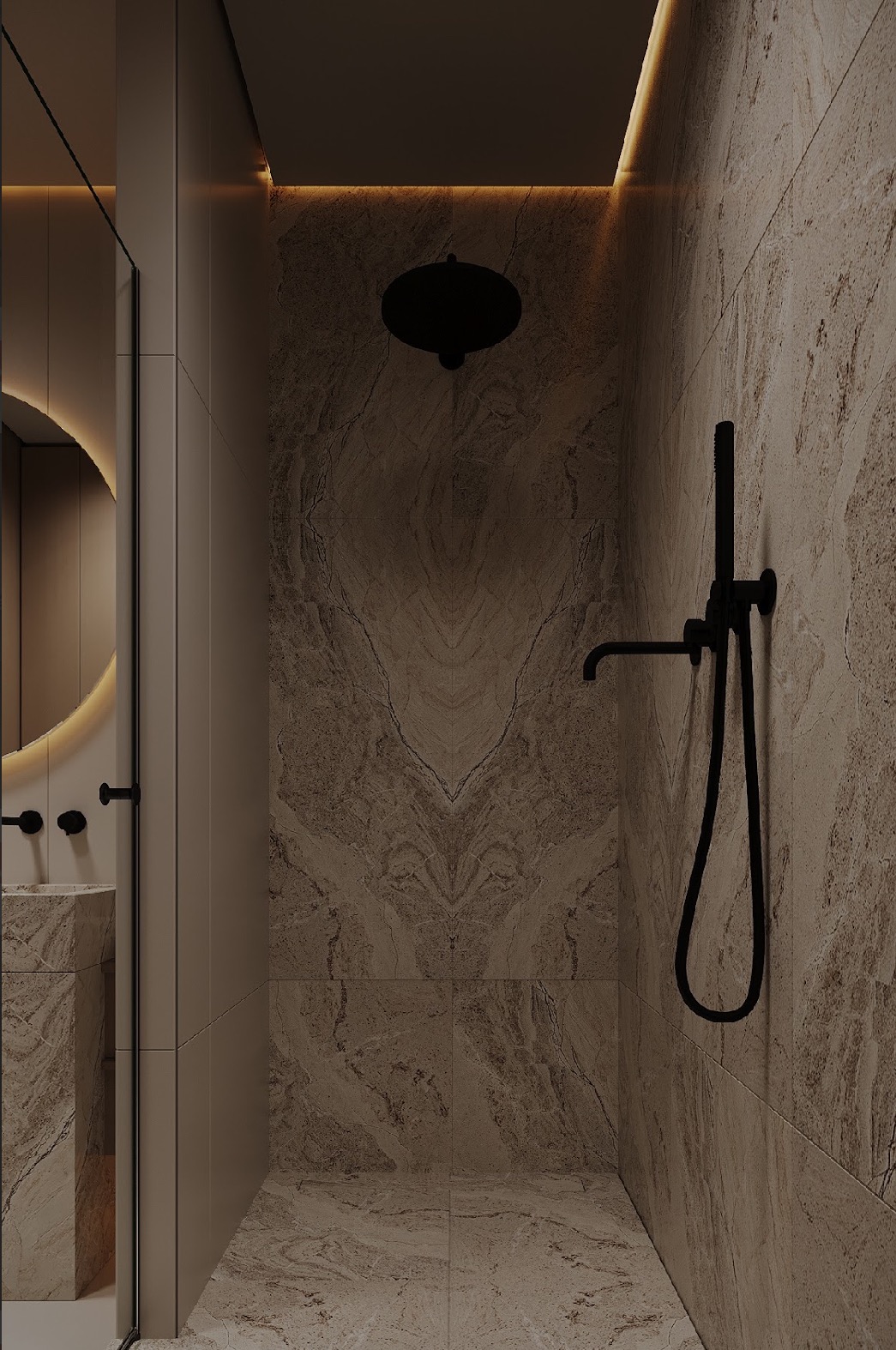 Nowoczesna kabina prysznicowa z deszczownicą i baterią w kolorze czarnym, wykończona płytkami imitującymi marmur. Okrągłe lustro z podświetleniem LED.