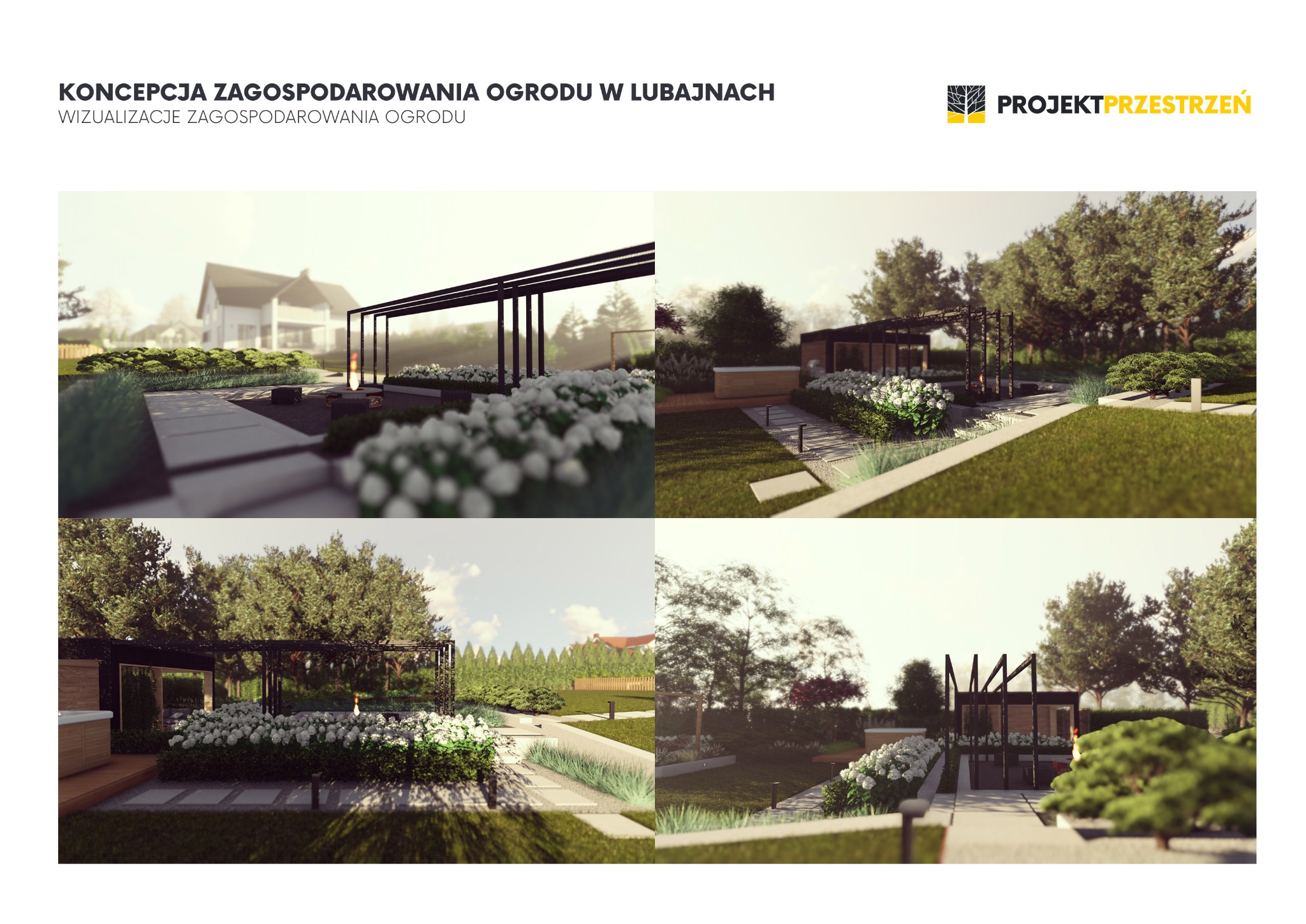 Wizualizacja zagospodarowania ogrodu w Lubajnach: cztery ujęcia prezentujące nowoczesną pergolę, rabaty z białymi kwiatami, ścieżki z płyt oraz starannie utrzymany trawnik w słoneczny dzień.