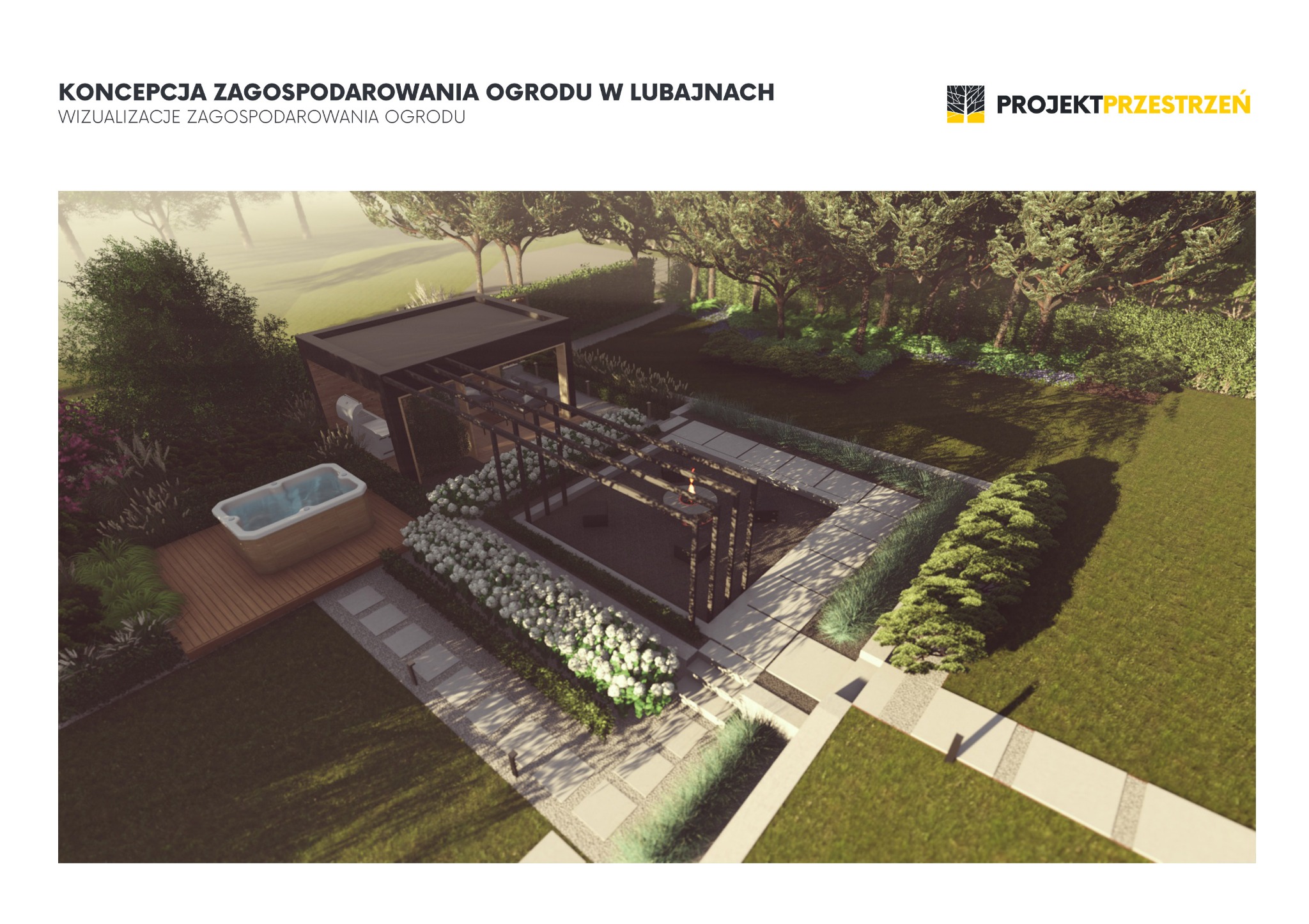 Wizualizacja koncepcji zagospodarowania ogrodu z jacuzzi, pergolą i ścieżką z płyt betonowych, widok z góry.