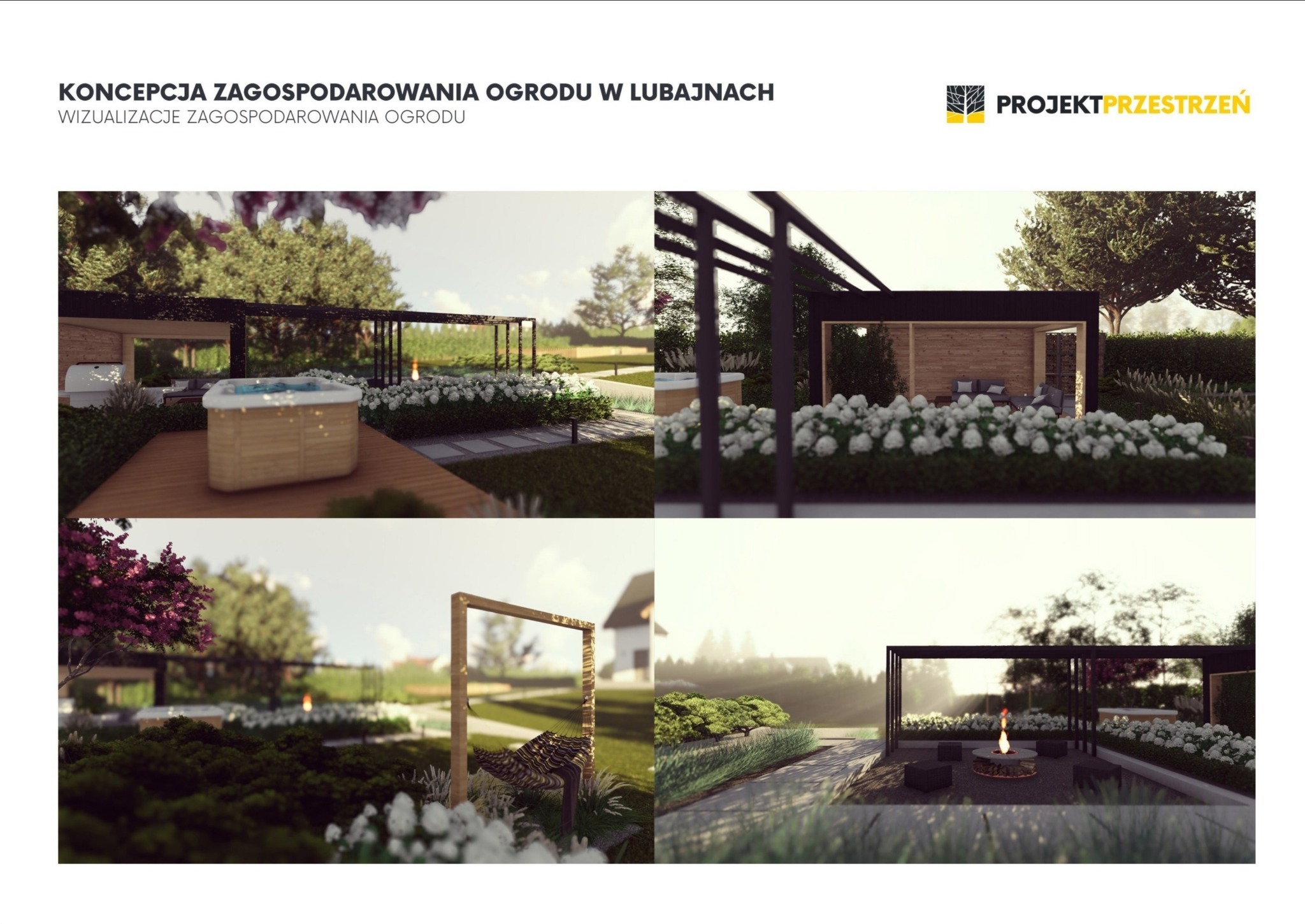 Wizualizacja koncepcji zagospodarowania ogrodu w Lubajnach: jacuzzi, pergola, palenisko otoczone siedziskami, hamak na tle zieleni i białych kwiatów.