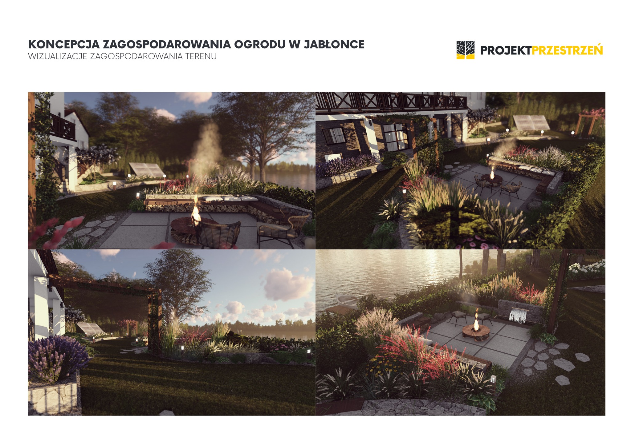 Wizualizacja zagospodarowania ogrodu w Jabłonce prezentująca strefę relaksu z paleniskiem, siedziskami i roślinnością ozdobną, z widokiem na jezioro i dom.