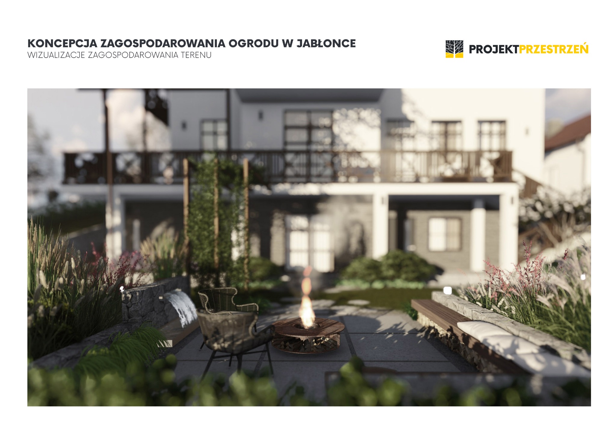 Wizualizacja ogrodu w Jabłonce: palenisko otoczone roślinnością ozdobną, krzesłem z wikliny i kamienną ławką z poduszką, na tle nowoczesnego domu.