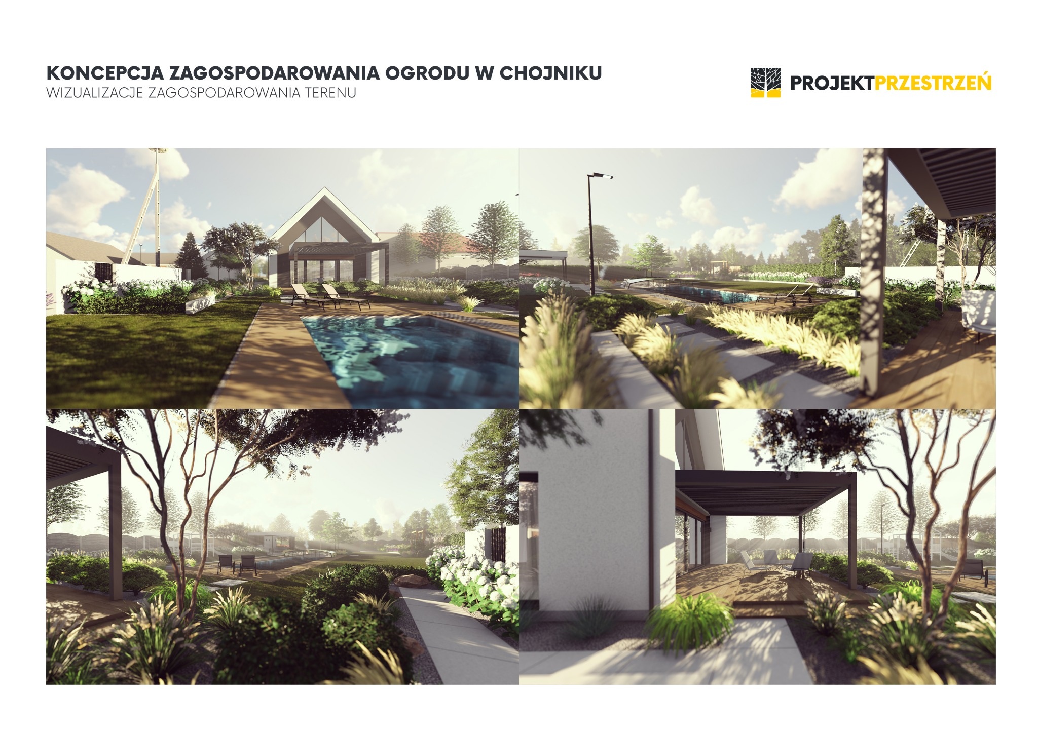 Wizualizacja koncepcji zagospodarowania ogrodu z basenem, nowoczesnym domem i tarasem z pergolą, prezentująca zieleń ozdobną i oświetlenie.