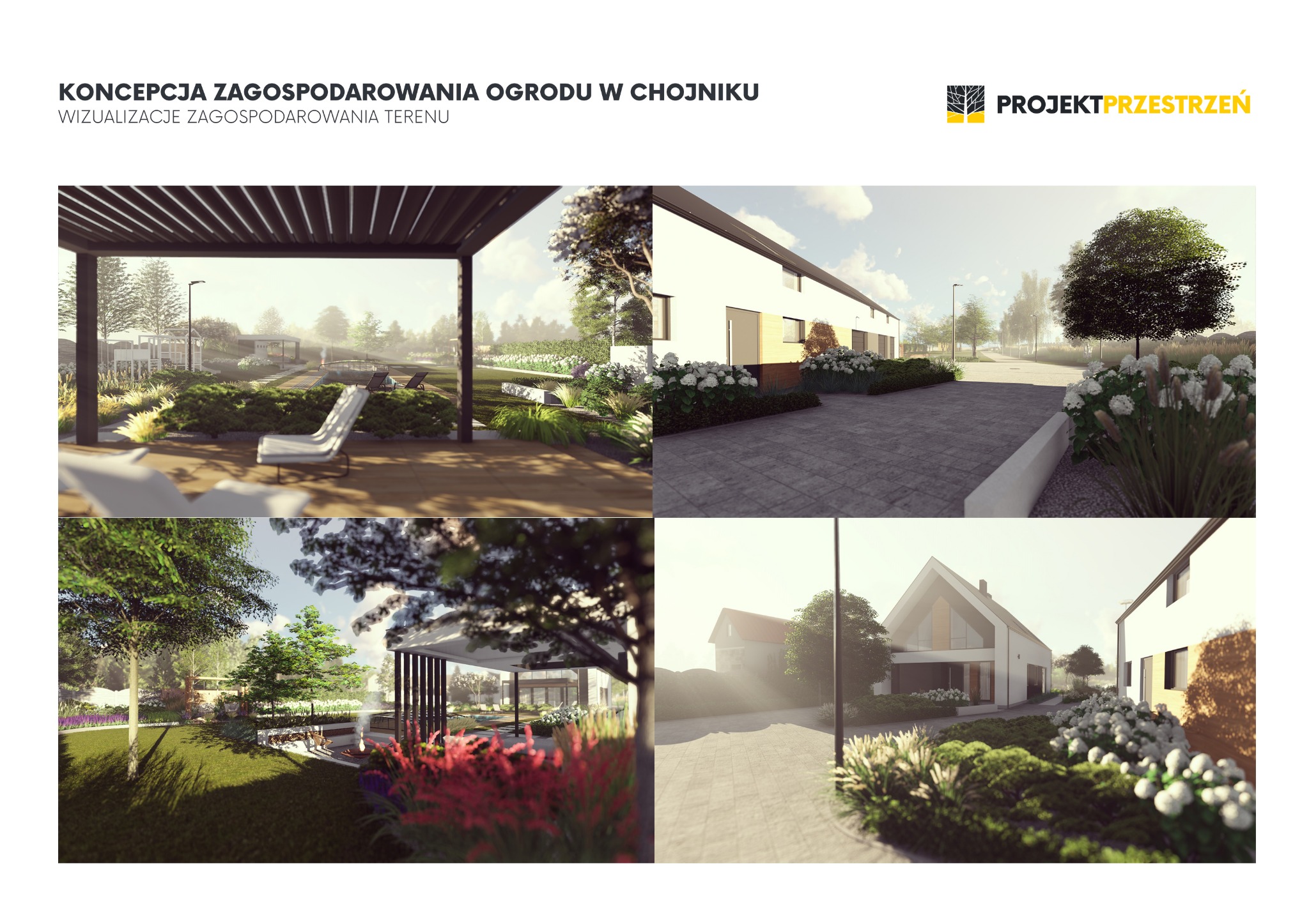 Wizualizacja koncepcji zagospodarowania ogrodu w Chojniku, prezentująca pergolę z meblami ogrodowymi, rabaty kwiatowe i ścieżki z kostki brukowej, w otoczeniu nowoczesnych budynków.