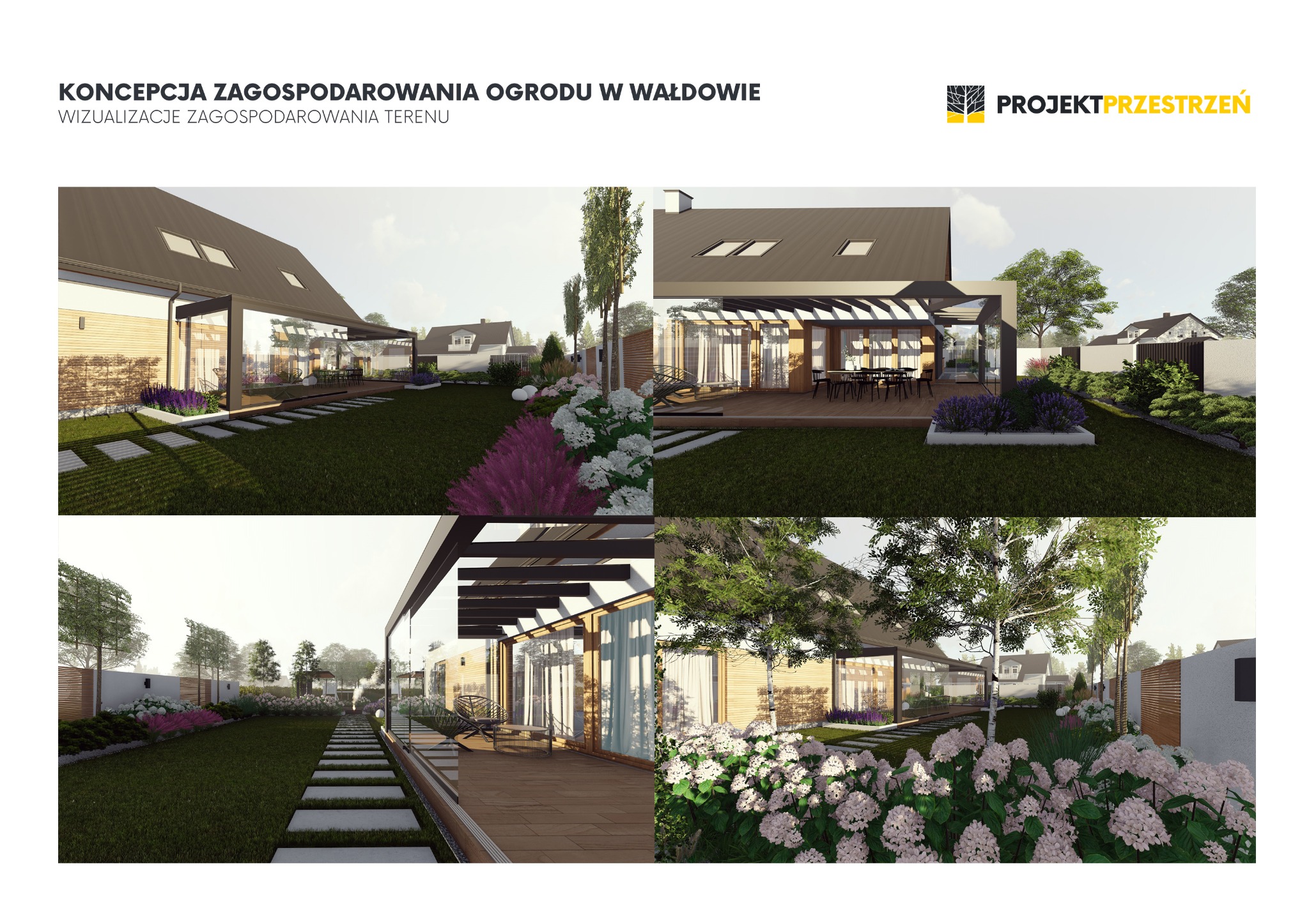Wizualizacja koncepcji zagospodarowania ogrodu z nowoczesnym domem, tarasem z pergolą, ścieżką z płyt i rabatami kwiatowymi w Wąldowie, prezentowana w dwóch ujęciach.