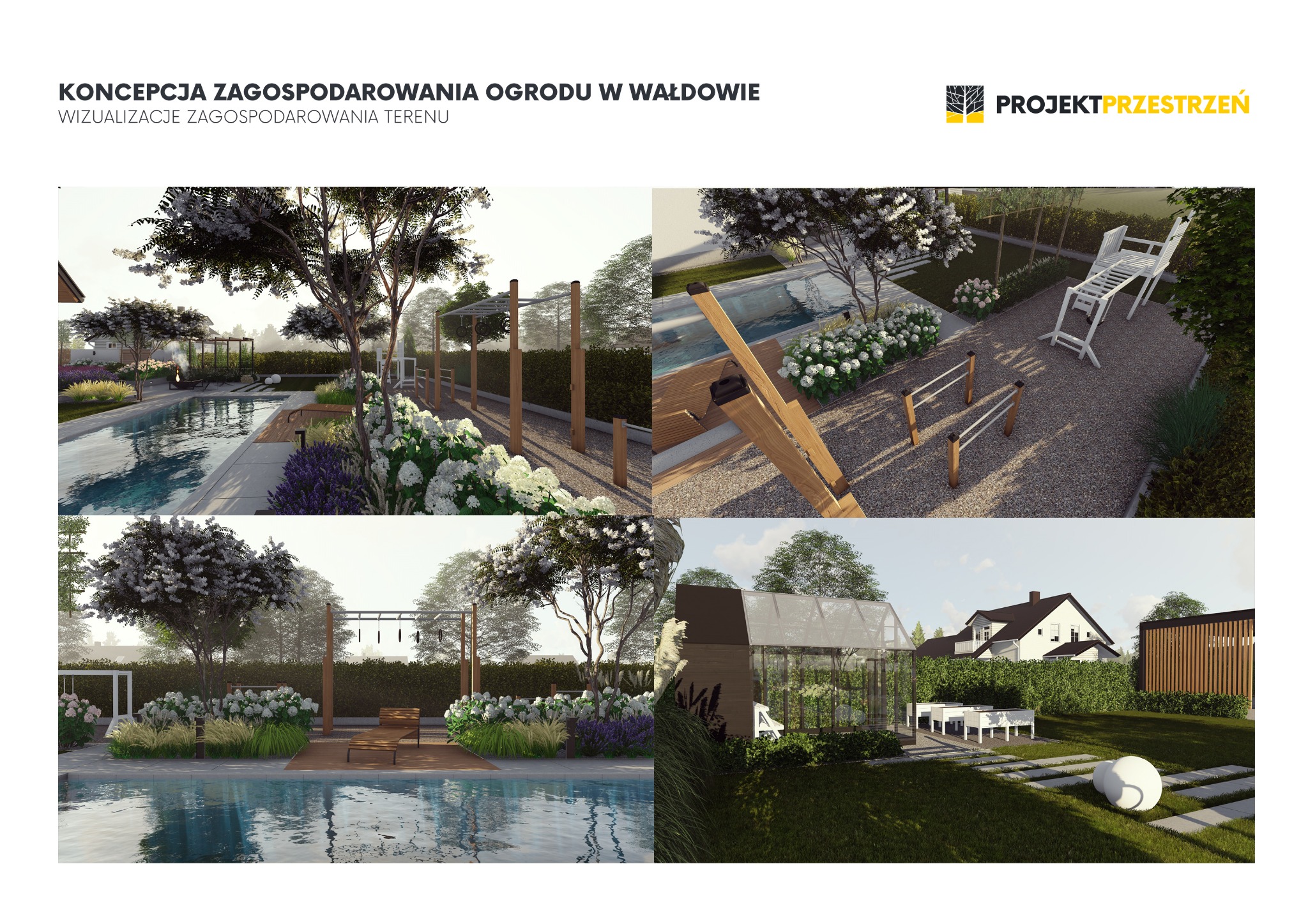 Wizualizacja zagospodarowania ogrodu w Wąldowie: basen, strefa relaksu z leżakami, siłownia zewnętrzna i szklarnia, otoczone kwitnącymi rabatami z hortensjami i lawendą.