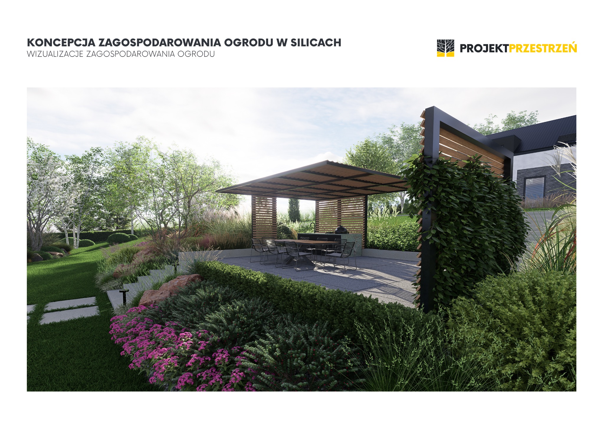 Wizualizacja zagospodarowania ogrodu w Silicach: pergola z grillem, stół z krzesłami, rabaty z kwiatami, trawnik i ścieżka z płyt. Nowoczesny design.