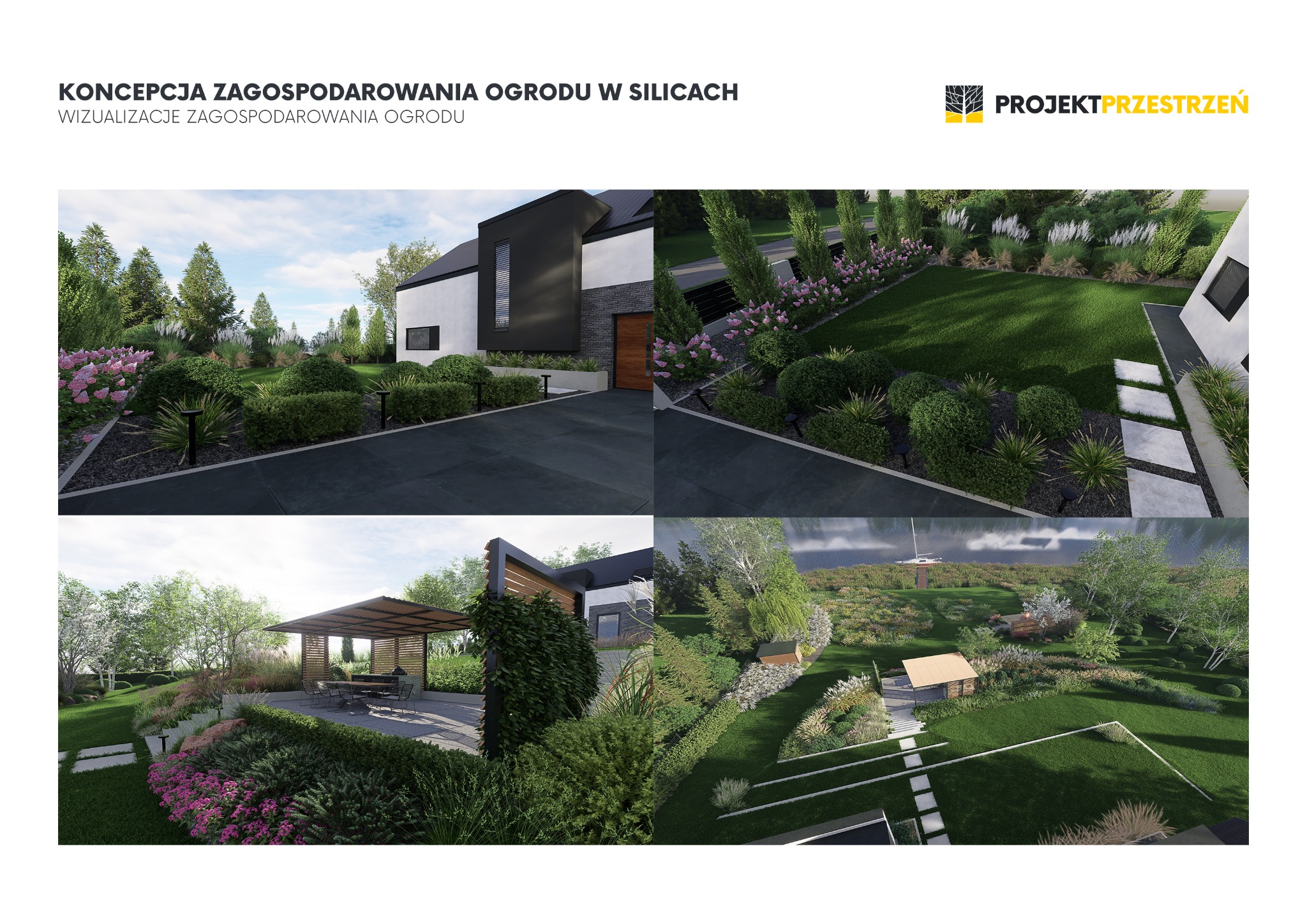 Wizualizacja zagospodarowania ogrodu z nowoczesnym domem, pergolą i różnorodną roślinnością, ukazana w dwóch ujęciach z góry, z logo firmy ProjektPrzestrzeń.
