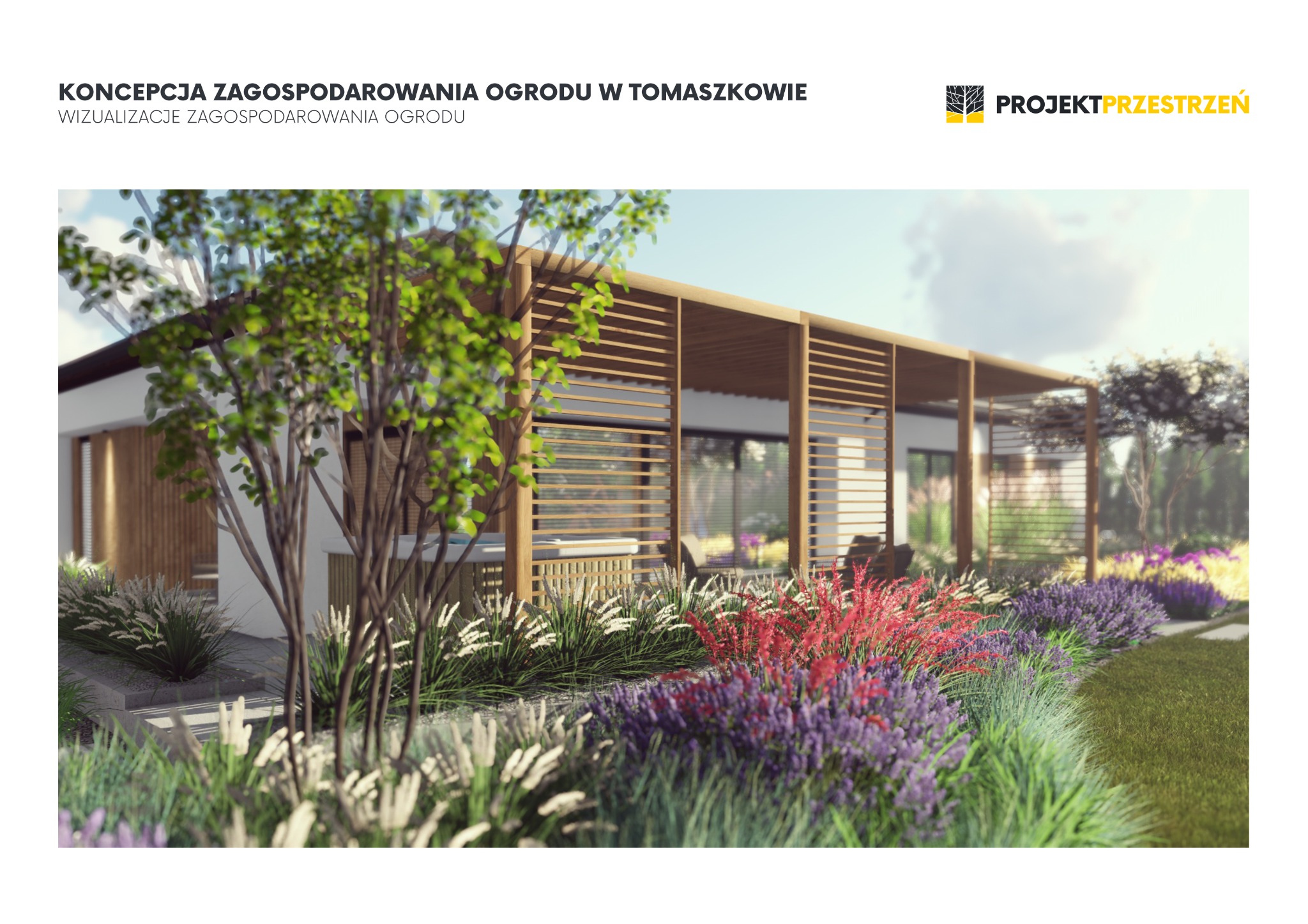Wizualizacja ogrodu w Tomaszowie: pergola z drewnianymi lamelami, rabaty z lawendą i trawami ozdobnymi, nowoczesna architektura domu w tle.