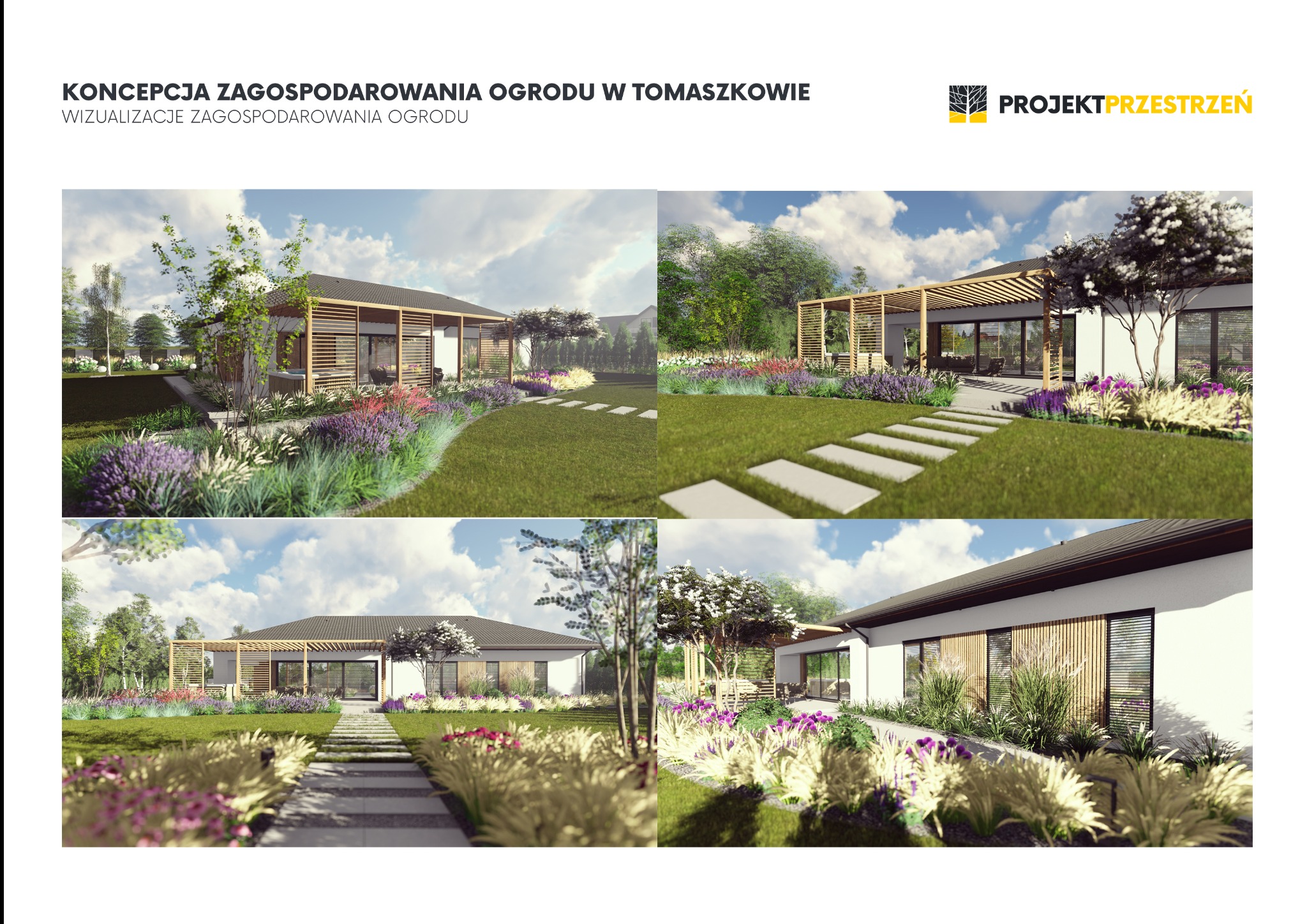 Wizualizacja zagospodarowania ogrodu w Tomaszowie. Nowoczesny dom z pergolą, ścieżką z płyt i kwitnącymi rabatami w czterech ujęciach. Projekt Przestrzeń.