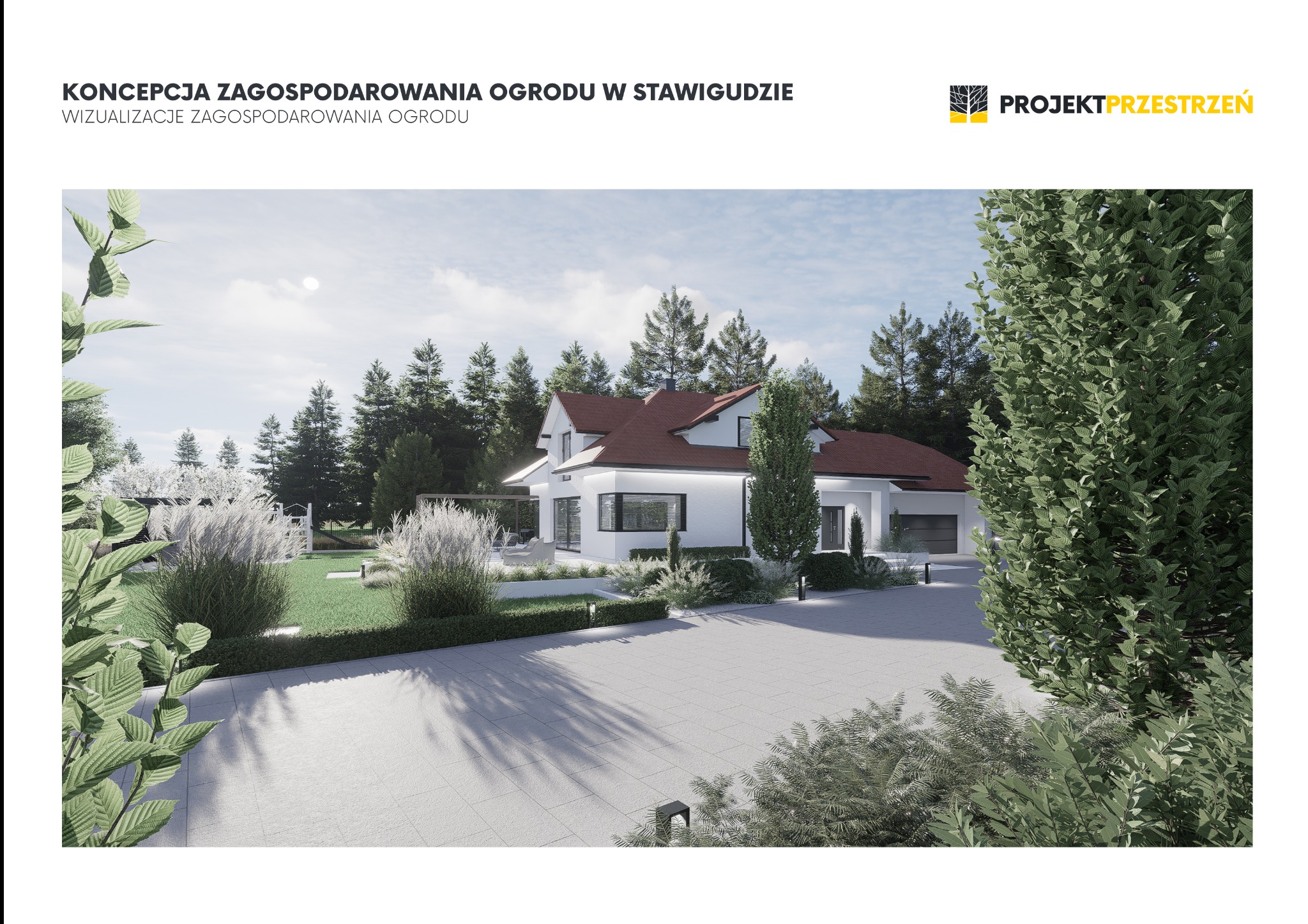 Wizualizacja zagospodarowania ogrodu przy nowoczesnym domu jednorodzinnym z czerwonym dachem, otoczonego zielenią i jasną kostką brukową.