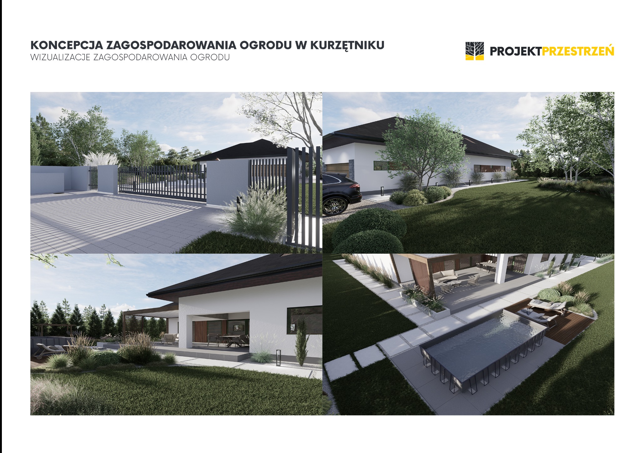 Wizualizacja zagospodarowania ogrodu z nowoczesnym domem, basenem i elementami małej architektury. Ujęcie z różnych perspektyw prezentuje spójną koncepcję.