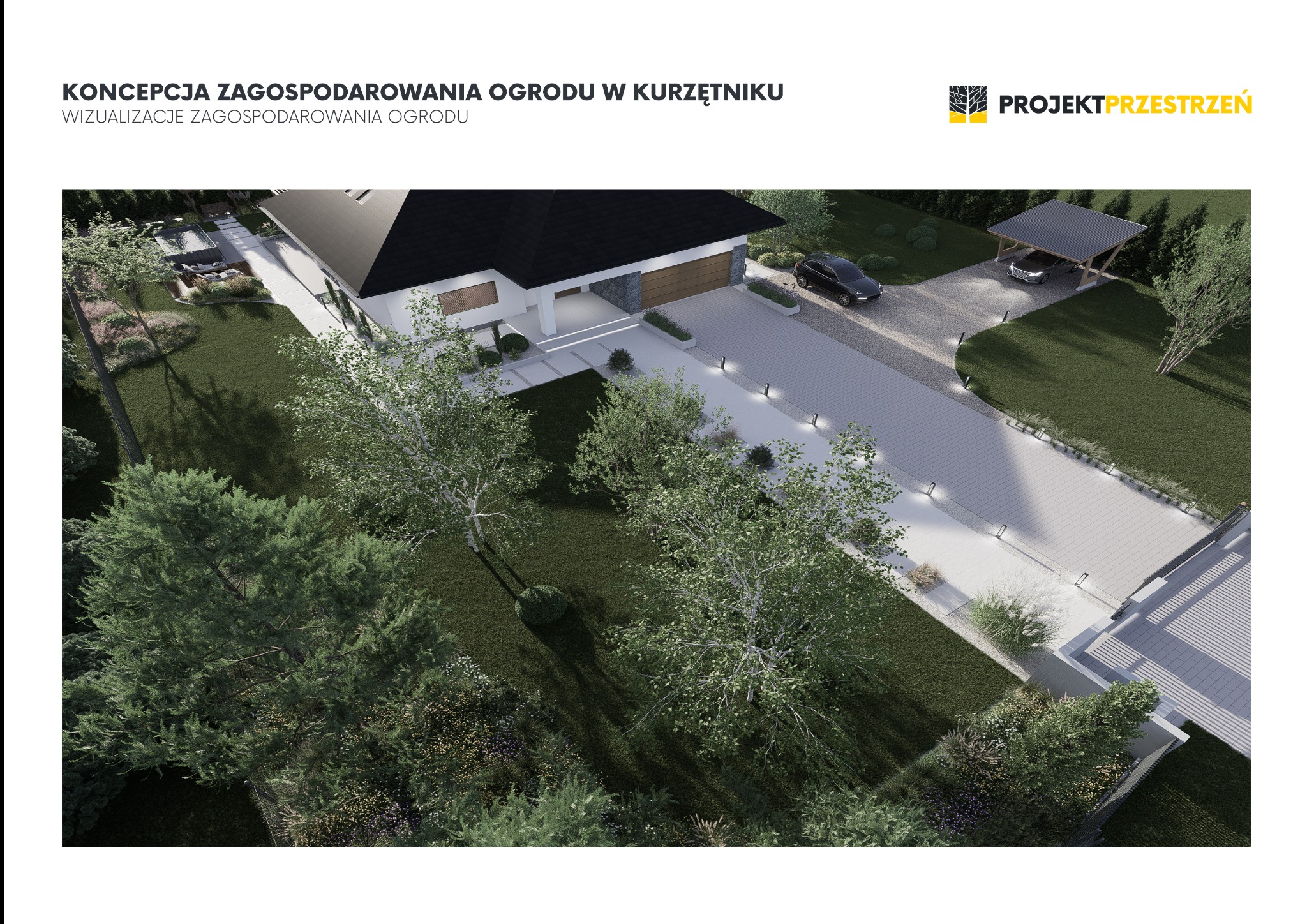 Wizualizacja koncepcji zagospodarowania ogrodu z nowoczesnym domem, podjazdem z oświetleniem, basenem i zadaszeniem dla aut. Widok z lotu ptaka.