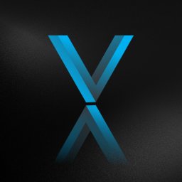 Patrycja Rybak - Abstrakcyjne logo w kolorze błękitnym z efektem cienia na czarnym, teksturowanym tle.