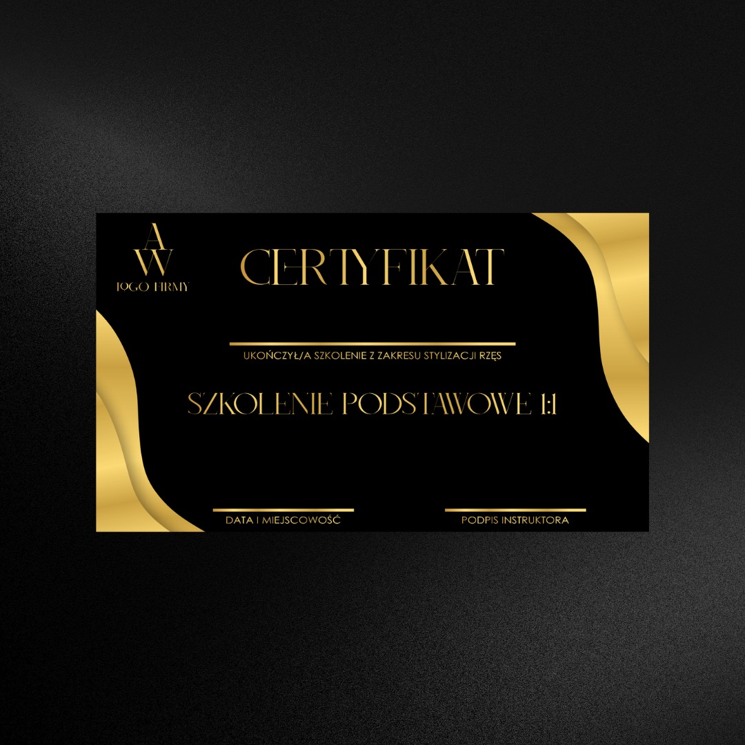 Elegancki certyfikat ukończenia szkolenia z zakresu stylizacji rzęs, z czarnym tłem, złotymi akcentami i minimalistycznym designem.