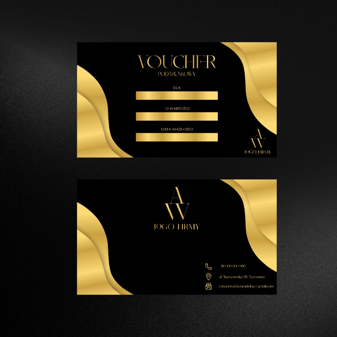 Elegancki, czarno-złoty projekt graficzny vouchera podarunkowego i wizytówki z logo firmy.