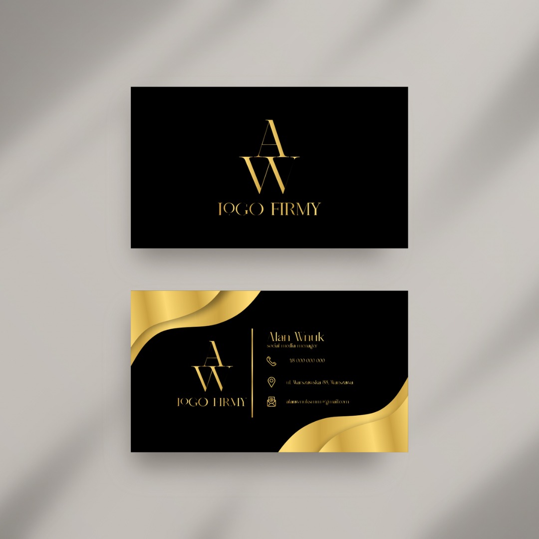 Dwie eleganckie wizytówki z czarnym tłem i złotymi akcentami, prezentujące logo firmy w postaci splecionych liter A i W oraz dane kontaktowe.