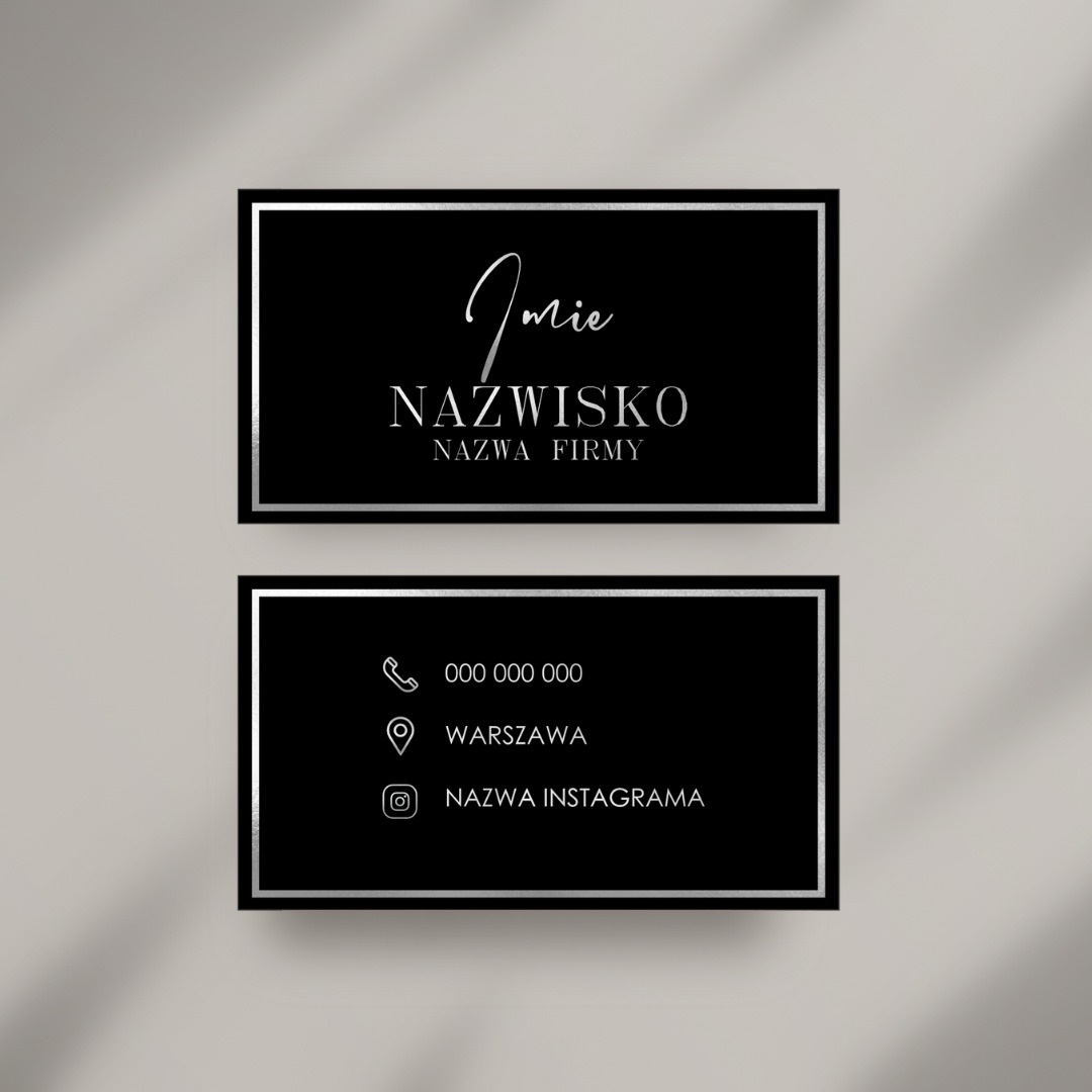 Elegancki projekt wizytówki z czarnym tłem i srebrnymi obramowaniami, prezentujący dane kontaktowe firmy z Wolborza, w tym numer telefonu, adres i nazwę profilu na Instagramie.