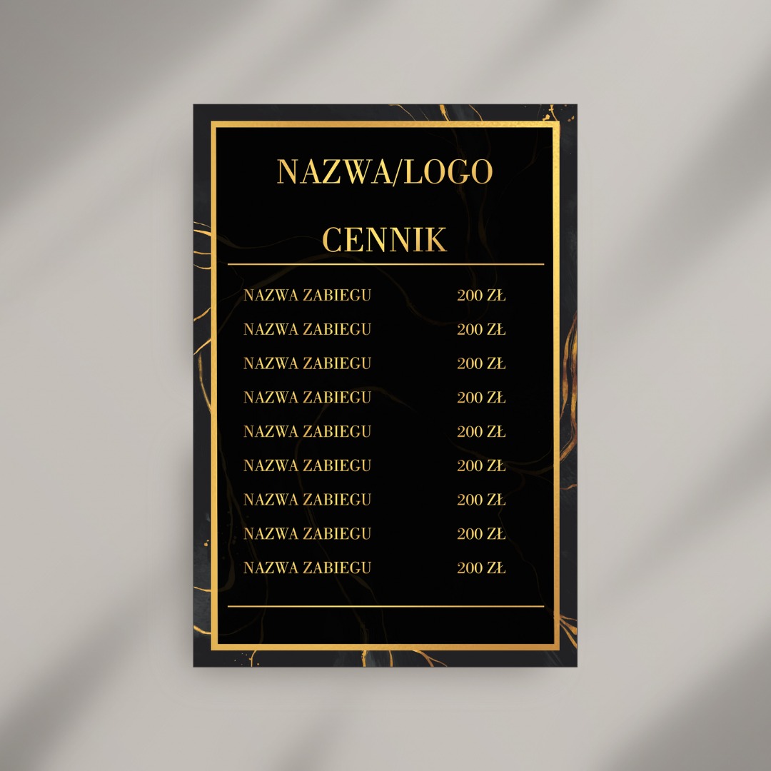 Elegancki cennik w czarno-złotej ramce, prezentujący nazwy zabiegów i ich ceny.