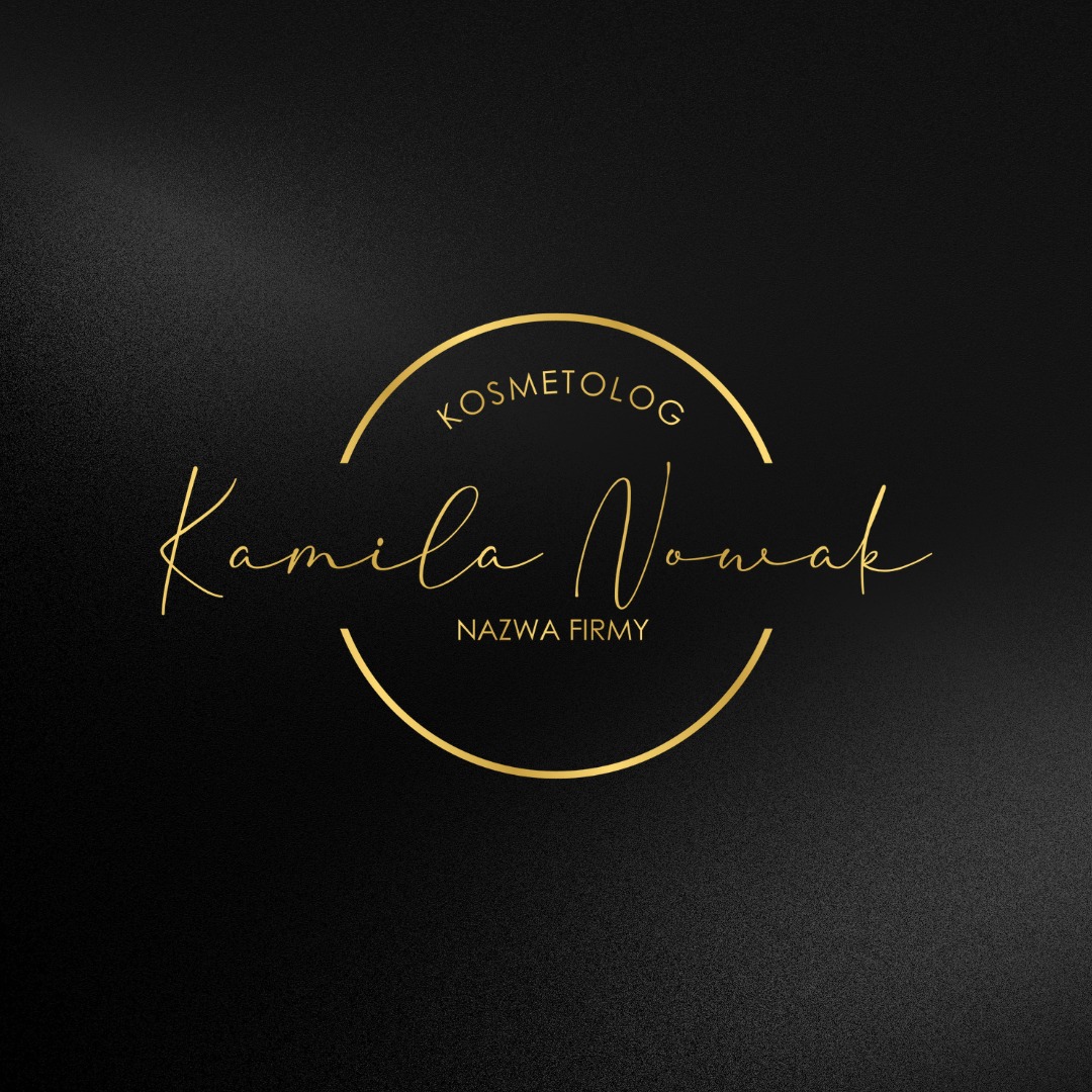 Eleganckie logo dla kosmetologa Kamili Nowak, złote napisy na czarnym teksturowanym tle.
