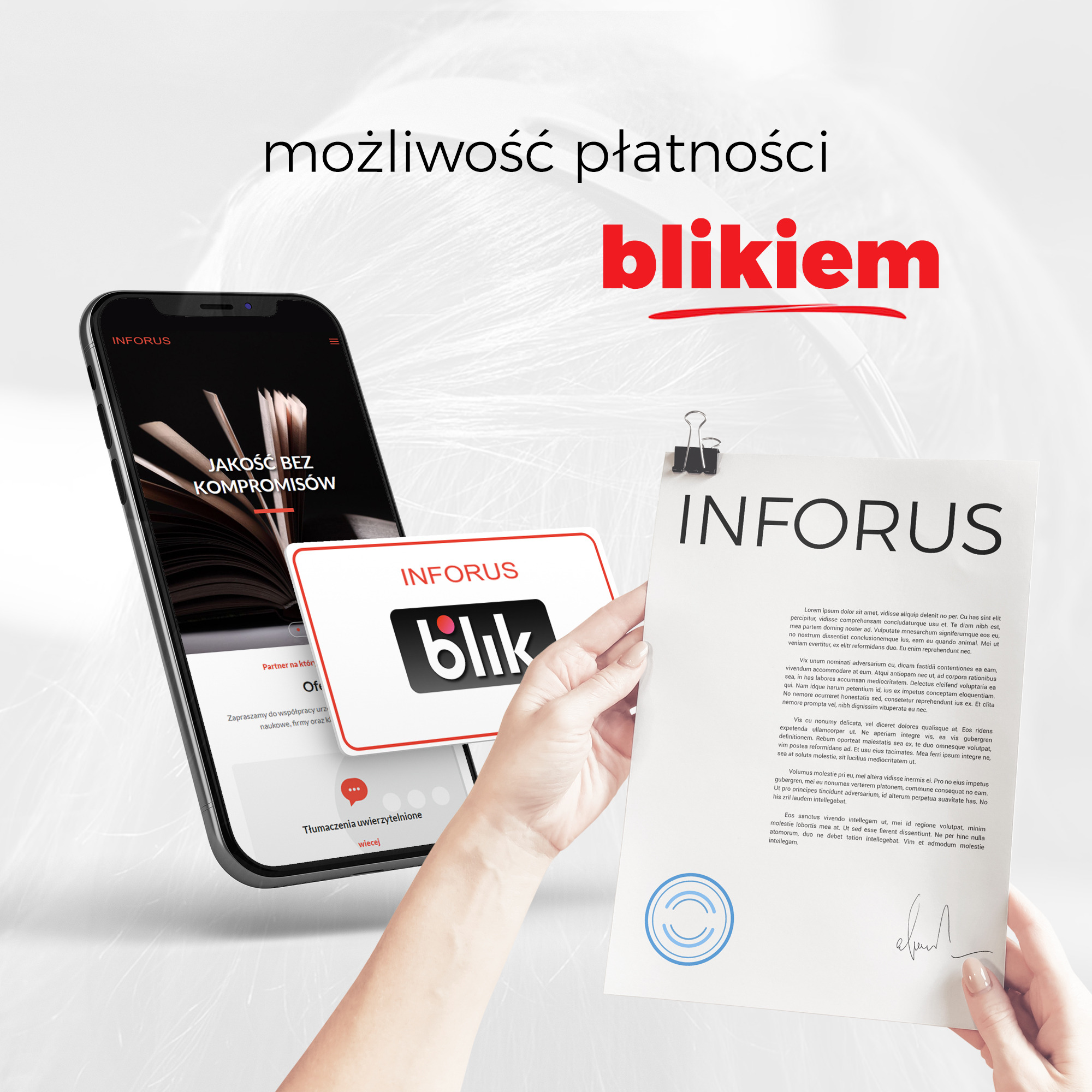 Ekran smartfona z aplikacją firmy z możliwością płatności BLIK, karta z logo BLIK i dokument firmowy z pieczęcią trzymany w dłoni, całość na jasnym tle.