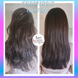 Pracownia Fryzjerska Anny Szanciło - Krioterapia włosów Hair.TOXX: porównanie włosów przed i po zabiegu. Po lewej włosy matowe i puszące się, po prawej gładkie i lśniące, widok z tyłu.