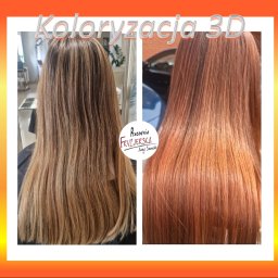 Pracownia Fryzjerska Anny Szanciło - Koloryzacja 3D: włosy blond z ciemnymi pasemkami przed i po zabiegu, z efektem przejścia w odcienie rudości. Widoczne logo salonu.