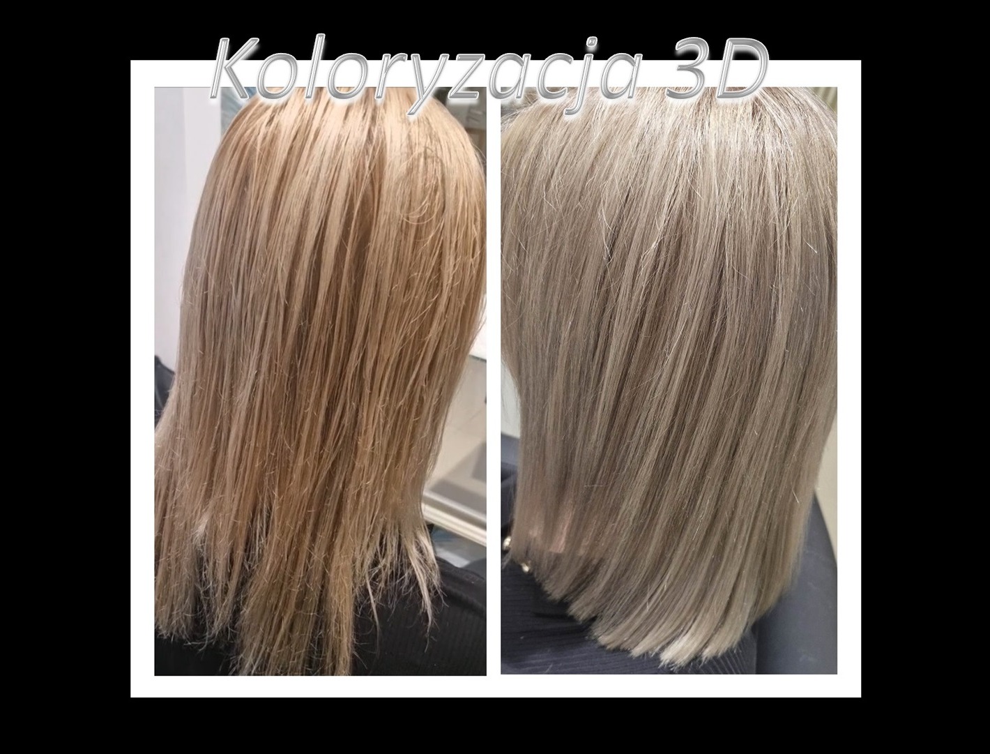 Zdjęcie przed i po koloryzacji 3D: po lewej włosy mokre, w odcieniu jasnego blondu, po prawej włosy suche, w chłodnym odcieniu popielatego blondu.