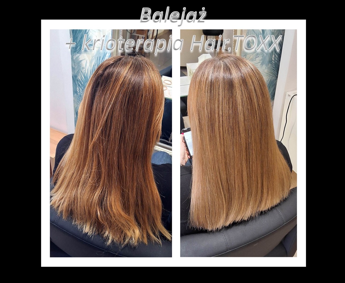 Zdjęcie przedstawia włosy klientki przed i po zabiegu balejażu i krioterapii Hair.TOXX. Po lewej stronie włosy są w odcieniach brązu i blondu, po prawej stronie włosy są jednolitego, jasnego blondu...