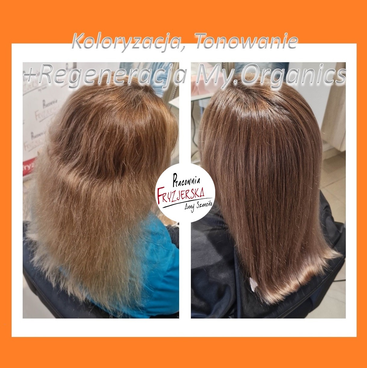 Koloryzacja włosów 'przed i po' z regeneracją My.Organics. Włosy przed zabiegiem w odcieniach blondu, po koloryzacji w jednolitym brązowym kolorze.