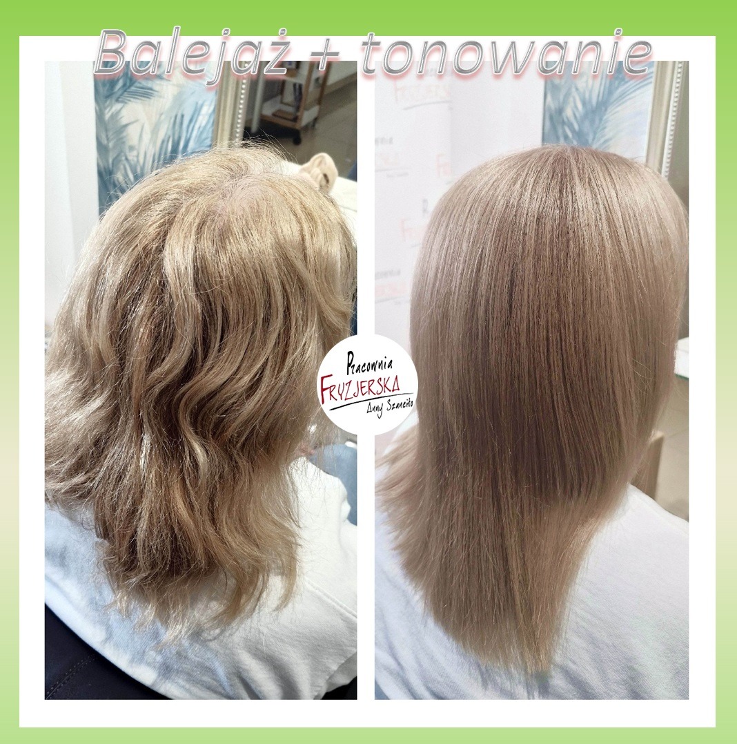 Zdjęcie typu 'przed i po' prezentuje efekt balejażu i tonowania włosów. Po lewej włosy przed koloryzacją, po prawej gładkie, jednolite włosy po zabiegu.