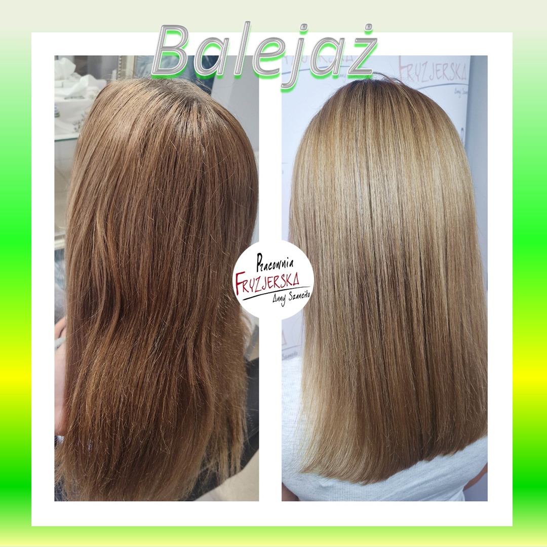Balejaż na prostych włosach: efekt przed i po zabiegu w salonie fryzjerskim. Włosy po prawej stronie są jaśniejsze i bardziej lśniące.
