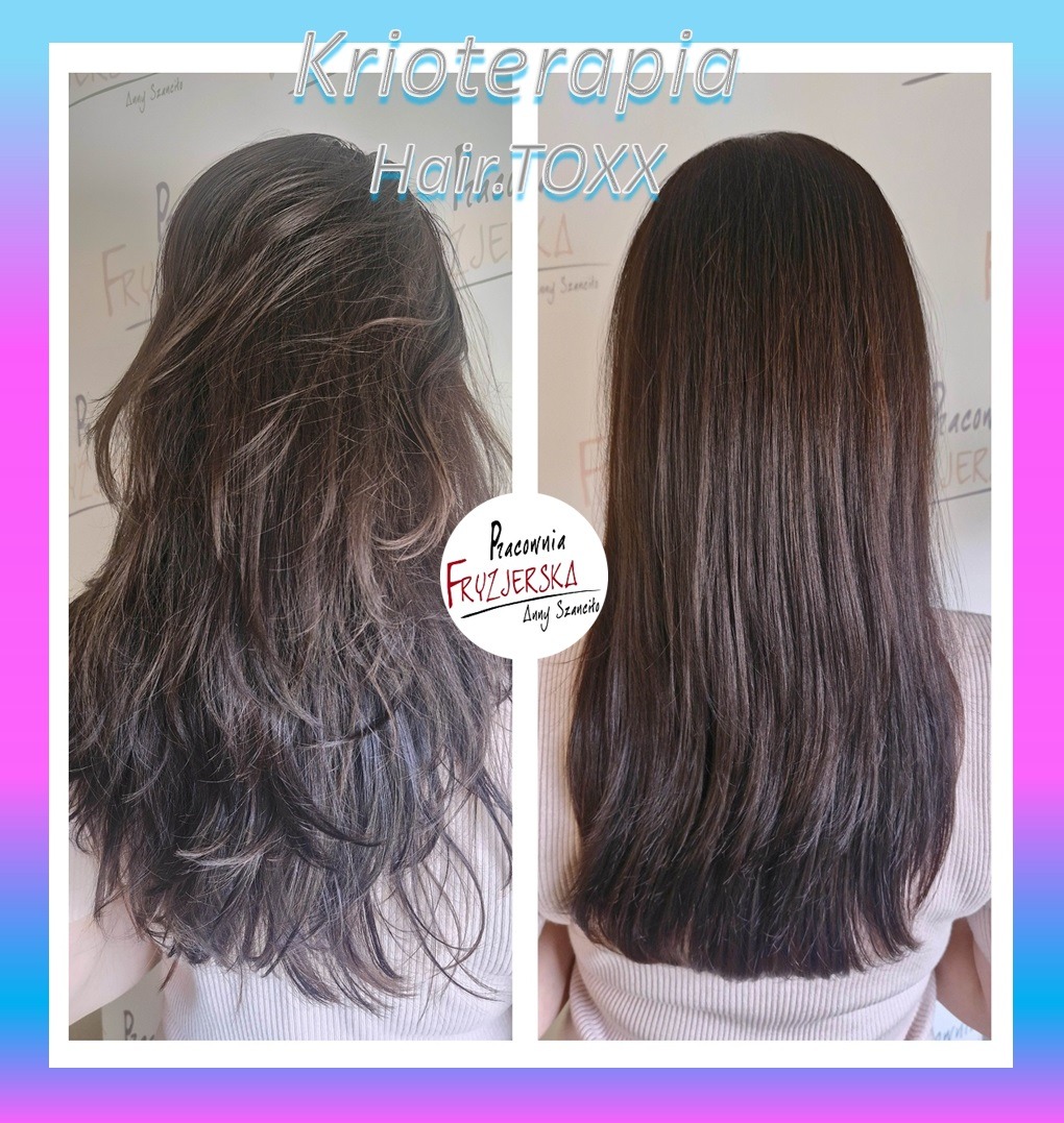 Krioterapia włosów Hair.TOXX: porównanie włosów przed i po zabiegu. Po lewej włosy matowe i puszące się, po prawej gładkie i lśniące, widok z tyłu.