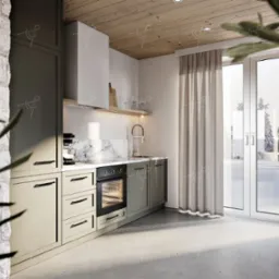 Nowoczesna kuchnia w odcieniach beżu i szarości z marmurowym blatem, drewnianym sufitem i widokiem na zimowy krajobraz za oknem. Minimalistyczny design z elementami kamienia i naturalnego drewna.