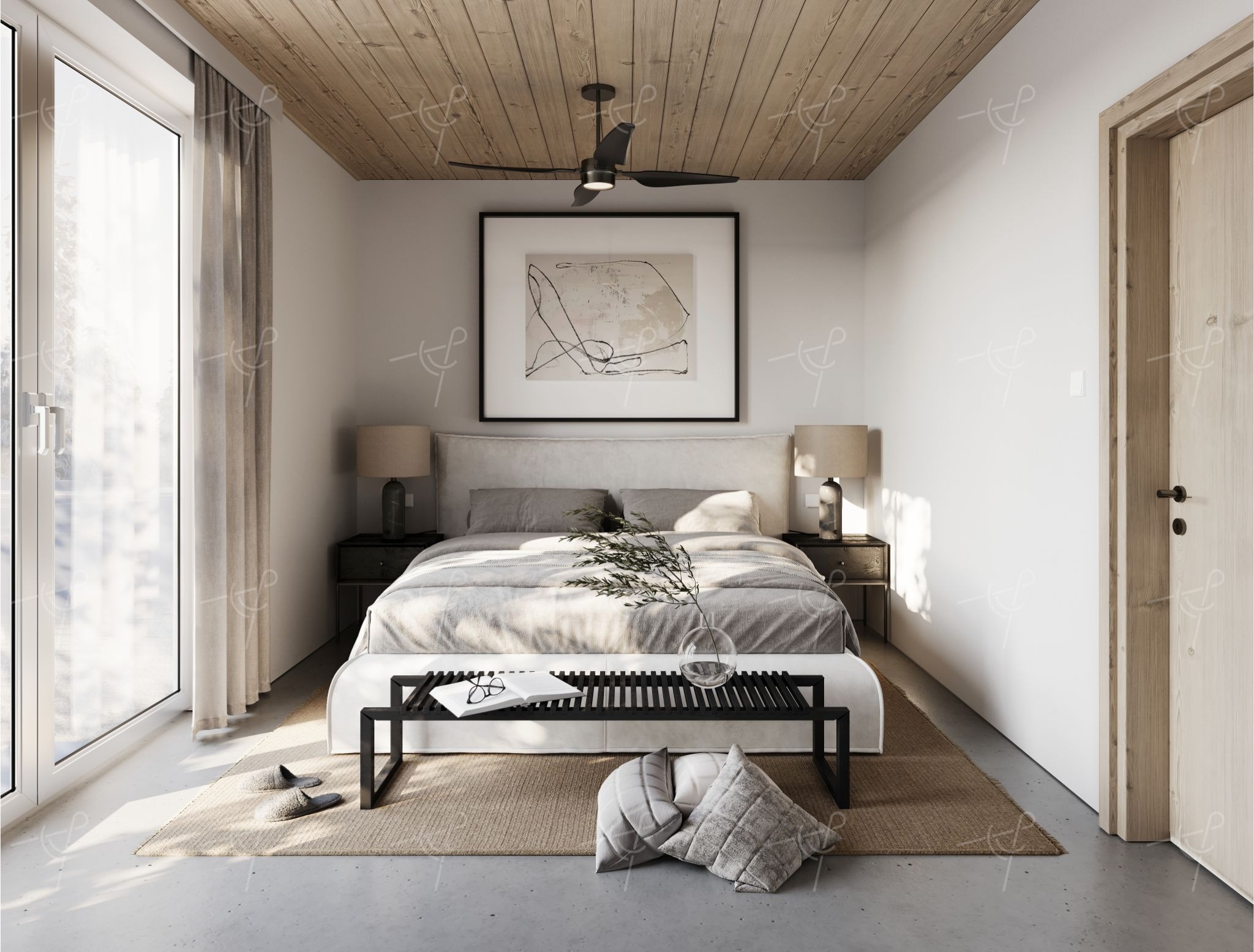 Jasna sypialnia z drewnianym sufitem, wentylatorem, łóżkiem z szarą pościelą i czarną ławką z książką, uzupełniona o dywan i poduszki na podłodze.