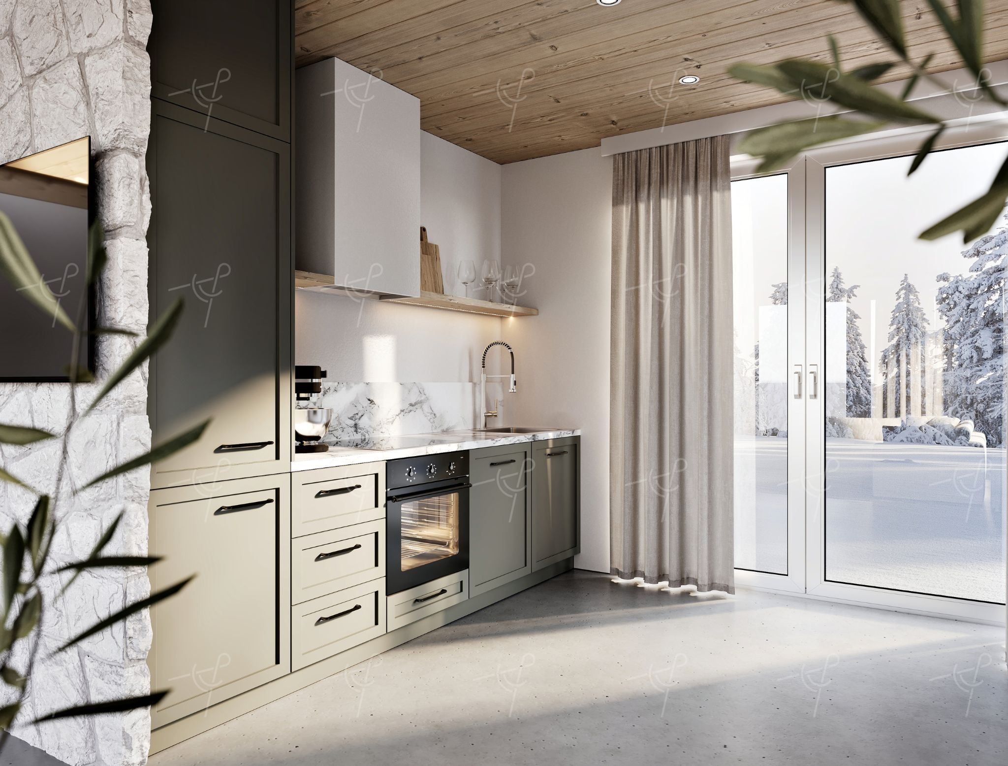 Nowoczesna kuchnia w odcieniach beżu i szarości z marmurowym blatem, drewnianym sufitem i widokiem na zimowy krajobraz za oknem. Minimalistyczny design z elementami kamienia i naturalnego drewna.