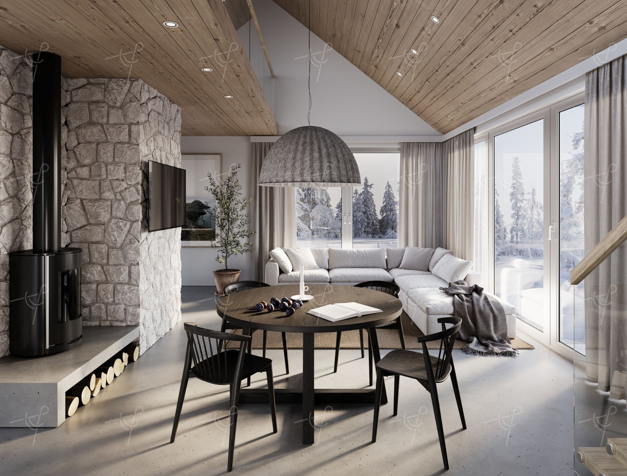 Wnętrze domu w stylu skandynawskim z drewnianym sufitem, kamienną ścianą z kominkiem, okrągłym stołem z owocami, książką i świecą oraz widokiem na zaśnieżony krajobraz przez duże okna.