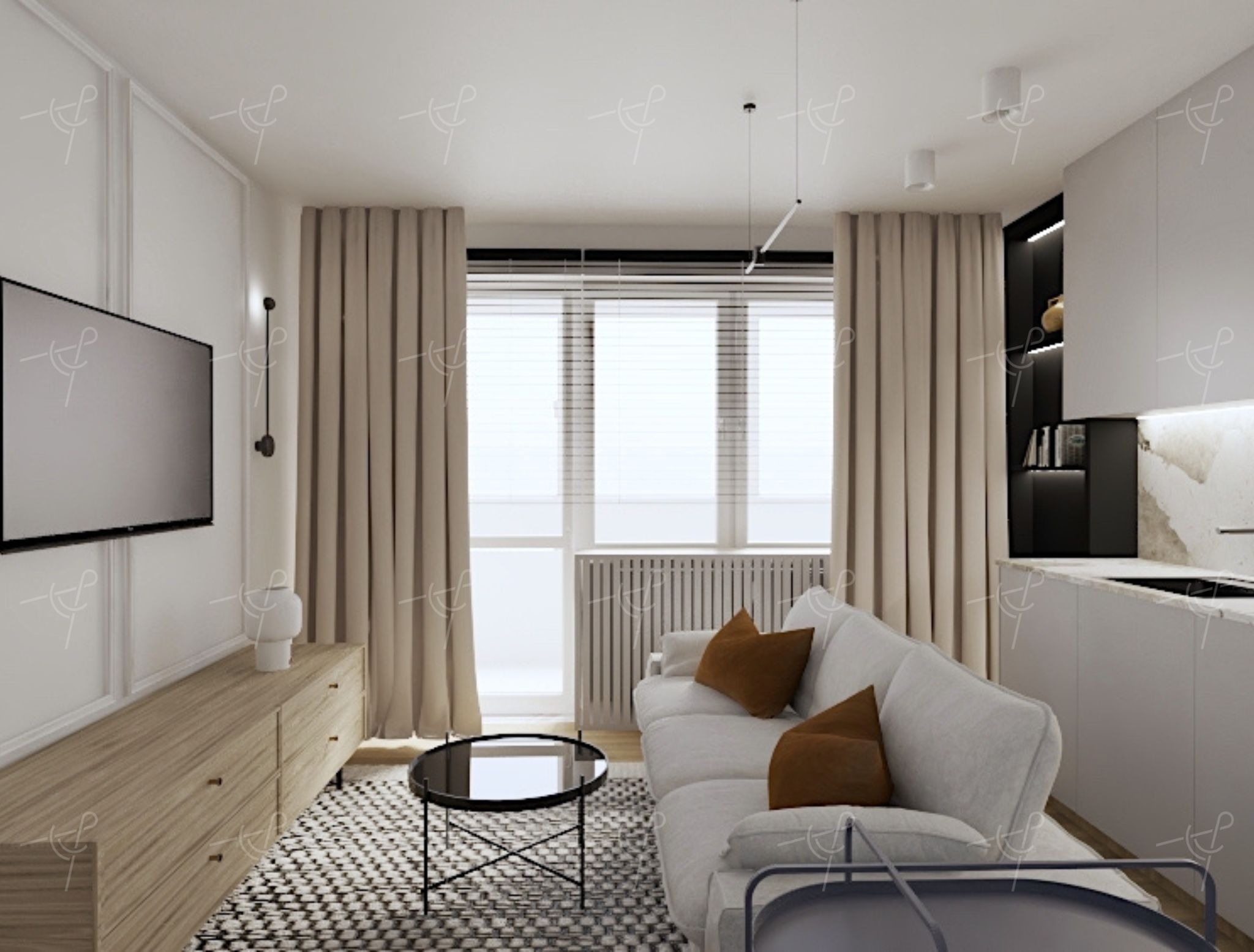 Jasne wnętrze salonu z aneksem kuchennym: biała sofa z brązowymi poduszkami, okrągły stolik kawowy na wzorzystym dywanie, drewniana komoda pod telewizorem oraz minimalistyczna kuchnia w tle.