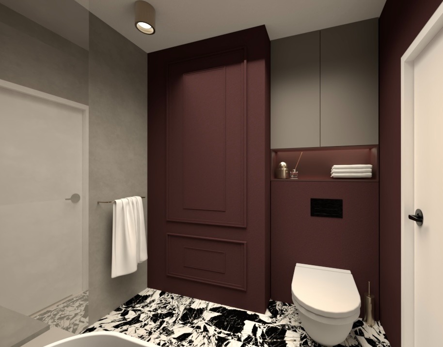 Elegancka łazienka z marmurową posadzką, bordowymi ścianami z dekoracyjnymi panelami i wiszącą szafką. Nowoczesny design z subtelnym oświetleniem.