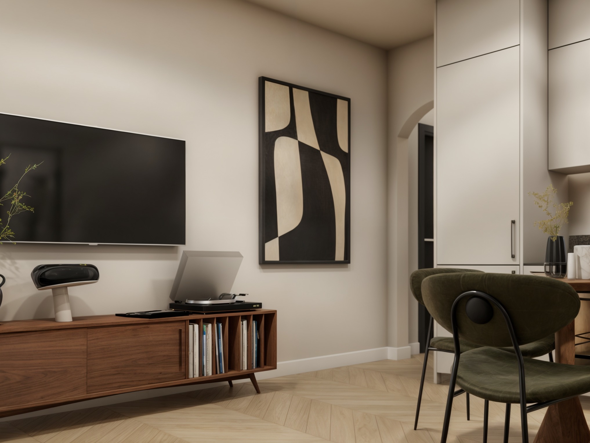Salon z telewizorem, gramofonem i abstrakcyjnym obrazem w ramie. Parkiet ułożony w jodełkę. Krzesła z oliwkową tapicerką. Minimalistyczny design.