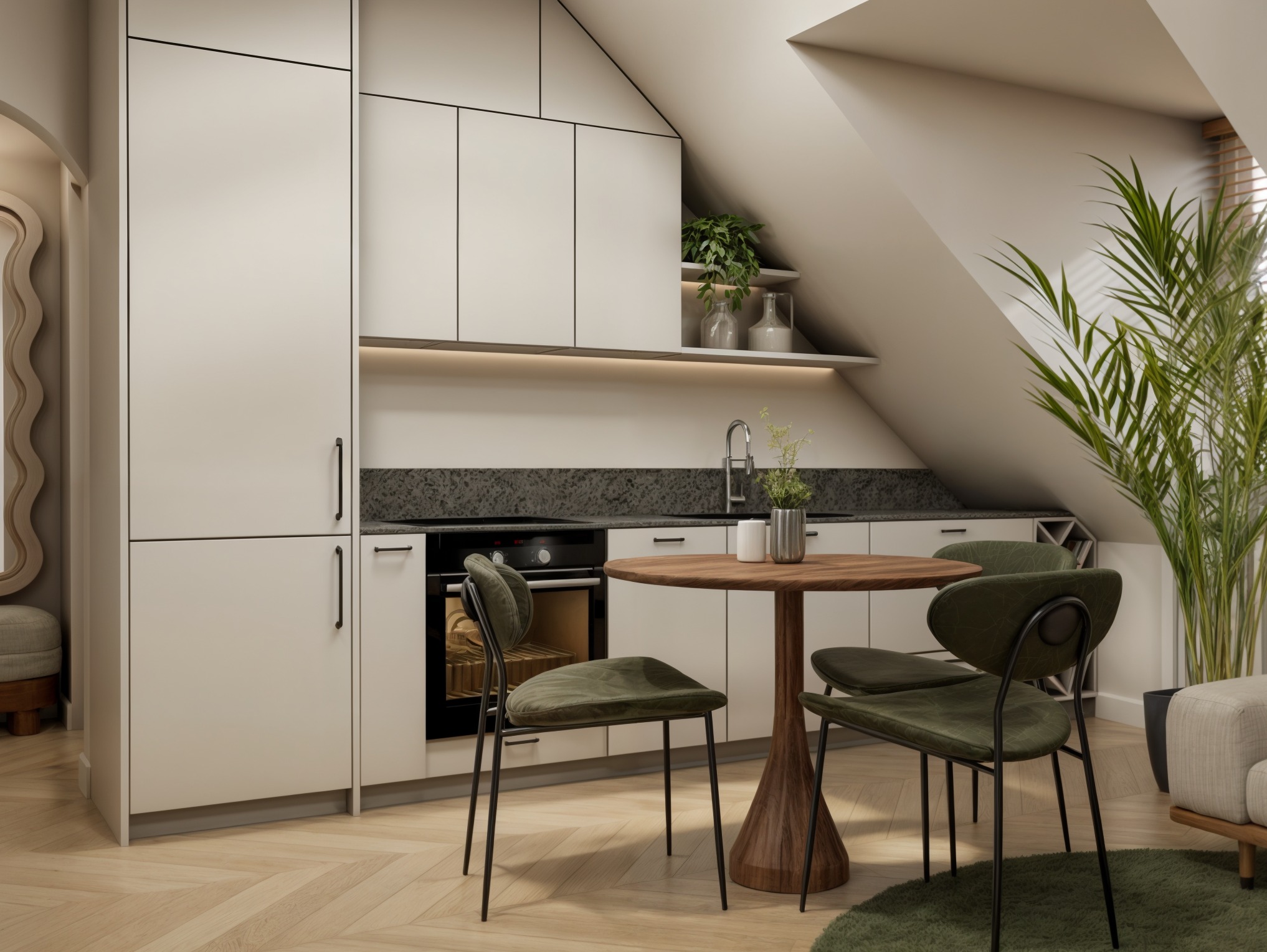 Jasna kuchnia na poddaszu ze skośnym sufitem. Białe szafki, okrągły stół z zielonymi krzesłami i parkiet w jodełkę tworzą przytulną przestrzeń. Rośliny dodają świeżości.