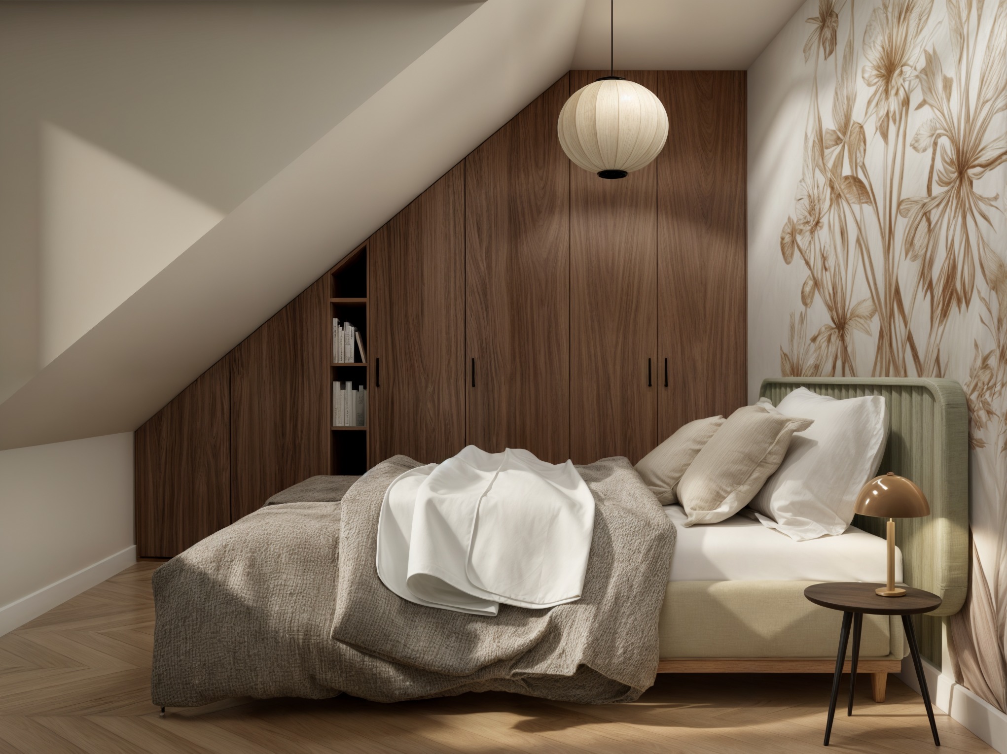 Sypialnia na poddaszu z drewnianą zabudową szaf pod skosem, lampą wiszącą i tapetą w kwiaty. Na łóżku leży narzuta i poduszki w stonowanych barwach.